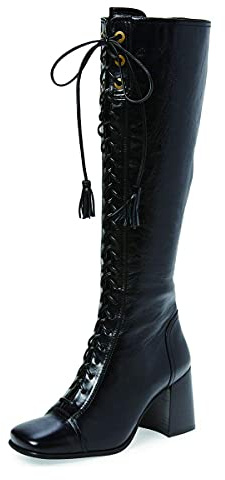 FOWT Women Fringe Lace Up High Chunky Heel Knee High Boots Wide Calf Zip-up Square Toe Tassels Western Riding Boots Pull On Dress Shoes For Ladies Size 16 M US