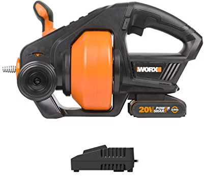 WORX 20V - Barrera de drenaje, hurón desatascador de tuberías, serpiente inalámbrica de iones de litio WX891, eje telescópico de 7,6 m, tubos de dragado de 19-76 mm, luz LED, eje reemplazable