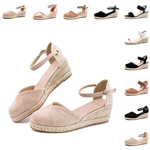 Hitmars Womens Sandals Wedge Espadrilles Ladies Sandals Platform Low Heeled Closed Toe Mid Summer Wedge Sandals Ankle Strap Suede Summer Shoes Beige Size 6UK=39EU