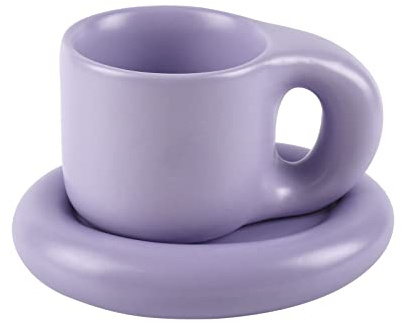 Koythin Keramik Kaffee Chubby Tasse mit Untertassen Set, Kreative und Niedliche Chubby Kaffeebecher für Büro und Haus, 10 oz für Tee Latte Milch (Hellviolett)