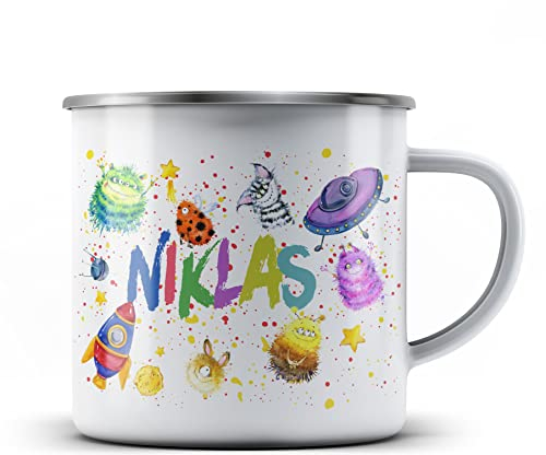 Ma2ca® Alien Monster Kindertasse Emaille personalisiert mit Namen Emailletasse Tasse Emaillebecher Kindertasse Becher