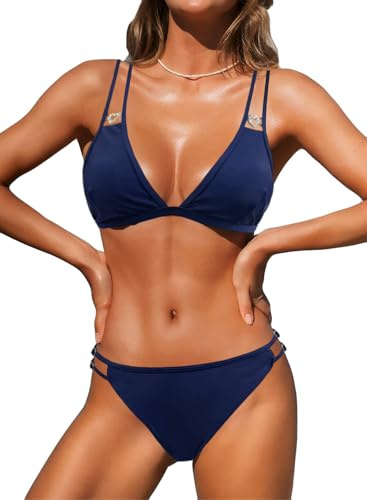 NLAND Maillot de Bain Femme 2 Pieces Ensembles Bikini avec Réglable Halter Bikini Triangle Top Taille Basse Bas de Maillot String Swimwear Beachwear(Marine,XL)