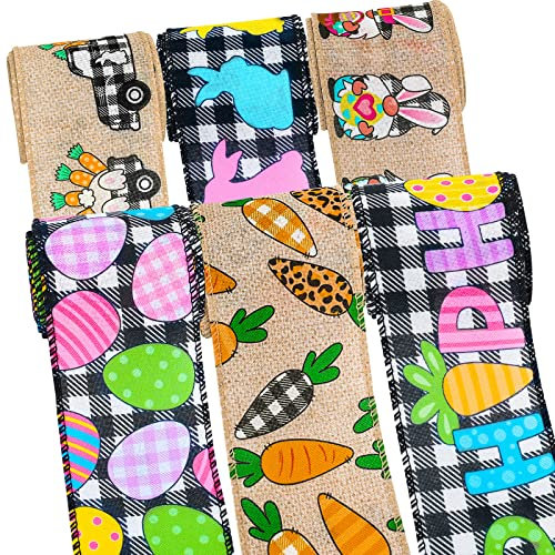 Whaline 6 Rollen Osterband mit Drahtrand, 30 Meter, Osterhase, Kaninchen, Ei, Karotte, LKW, Zwerg, Stoffband, Büffelkaros, dekoratives Bastelband für Geschenkverpackungen, Nähkranz, Basteln
