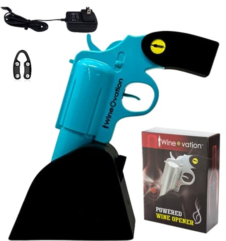 WineOvation Electric Gun Wine Opener (Blue) - Open your Wine Bottle fast and without hassle - Best Electronic Automatic Corkscrew for Gun Enthusiasts and Wine Lovers - Rechargeable Battery Operated