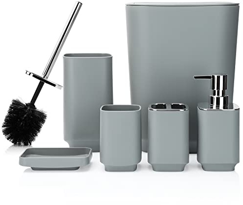 JOTOM 6-teiliges luxuriöses Kunststoff-Badezimmer-Zubehör-Set mit Mülleimer, WC-Bürste, Zahnbürstenhalter, Becher, Seifenschale und Seifenspender