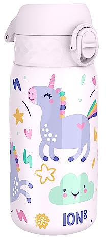 Ion8 Insulated Steel Water Bottle, 320 ml/11 oz, Leak Proof, Easy to Open, Secure Lock, Dishwasher Safe, Carry Handle, Flip Cover, Metal Water Bottle, Raised Print, Stainless Steel, Pink Unicorns