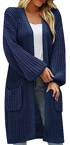 HOOUDO Strickjacke Damen Lang Ärmeln, lockeren großen Taschen, lässiger Strickpullover Strickjacken Clip (Navy, XXXL)