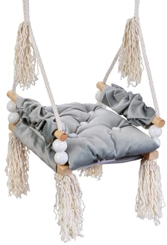 Love Gifts® Schaukel - Kinderschaukel 3-7 Jahre aus Holz, geeignet auch als Indoor Schaukel, montierbar an der Decke sowie im Türrahmen, Grau