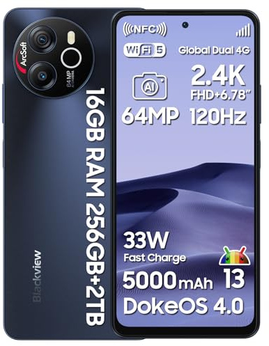 Blackview Smartphone, 16GB RAM+256GB ROM/2TB-TF, MediaTek Helio G99, 6.78'' FHD+/120Hz, 64MP+13MP, 5000mAh/33W, Android 13, 4G Dual SIM Telefono, NFC/Face ID/Fingerprint/OTG/3 Slot/3.5mm Jack