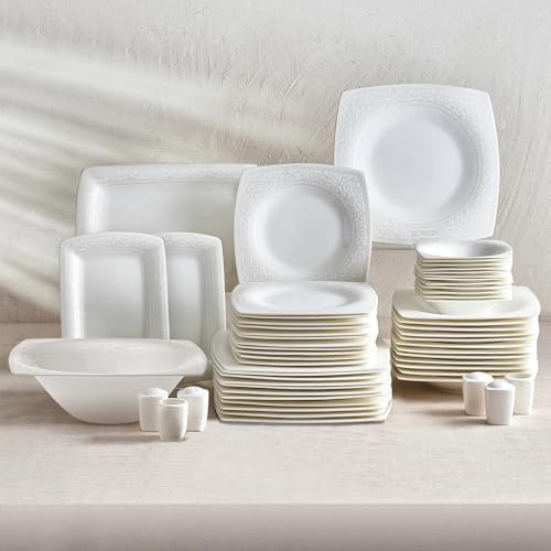 Karaca Geschirrset Fine Pearl Roma 58 Teilig 12 Personen Weiss Quadratisches Porzellan Tafelservice mit echten Suesswasserperlen, Spülmaschinenfest