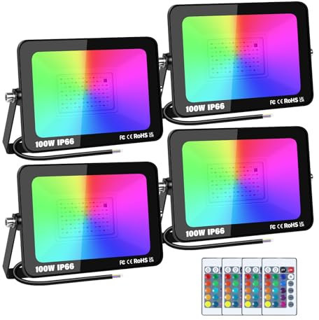 SKYWORLD 4 Pieza Foco LED RGB Exterior, 100W 10000LM con Control Remoto Proyector Led, Multicolor Estroboscópico RGB Regulable Luz de pared, Impermeable Foco de Colores para Jardín Fiestas Terraza