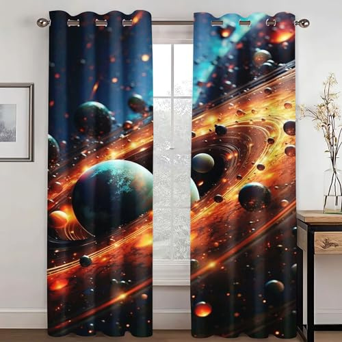 KARPIX Universum Vorhänge mit Ösen 100x140cm Kinder Jugend | Blickdicht 2 Paneele 50x140cm, Planet Sternen Motiv Polyester Gardinen