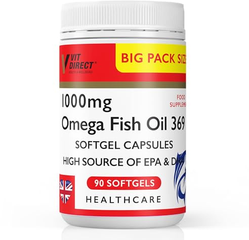 Vit Direct - Omega Fish Oil 369-90 Soft Gel Capsules - 1000mg - High Source of EPA & DHA - Daily Supplement - Fish Oil Omega 3 - Improve Endurance - for General Health & Wellbeing