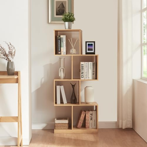 [en.casa] Estantería de Pie en Forma de S Librería con 4 Compartimentos Abiertos para Salón Oficina Dormitorio máx. 30 kg Bambú 130 x 55 x 30 cm - Natural