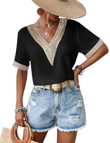 Yuson Girl Camicia Donna - Maglietta Chiffon Donna Manica Corta con Bordi in Pizzo Estiva Camicetta con Scollo a V Elegante Blusa Top Tinta Unita Shirt Classico Bluse Casual Maglia(Nero, XL)