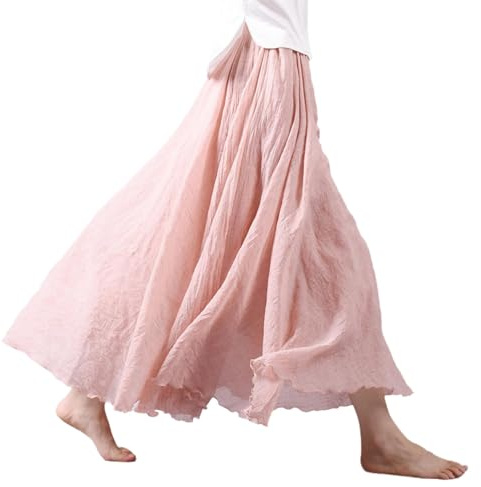 WINARA Böhmischer Baumwoll-Leinenrock für Damen, Sommer-Leinen-Maxirock, elastische Taille, A-Linie, fließende Maxiröcke, (Hellrosa, S)