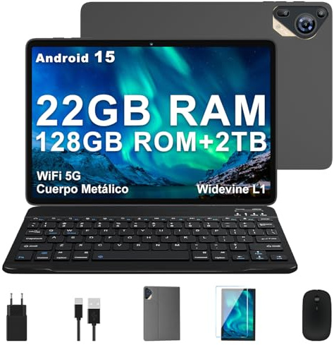 SKYEGG Tablet 10 Pulgadas Android 15 con Gemini AI, 22GB RAM + 128GB ROM (Ampliable 2TB), Tablet con Teclado y Ratón, Widevine L1, WiFi 5G, Batería 8000mAh, Pantalla IPS HD, Cuerpo Metálico – Gris