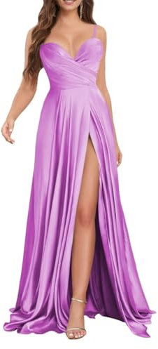 SAYNO Vestido de dama de honor plisado con hombros delgados y cuello en V para mujer, con abertura alta, sin mangas, vestido formal de invitada, Lila, 38