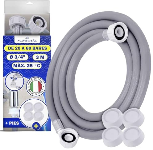 Tuyau Machine à Laver et Lave Vaisselle 3 m pour Arrivee Deau 25°C de 20 à 60 Bar Connexion est Droite et Coudée Ø 3/4 - Complet 4 Patin Anti Vibration Machine à Laver - MADE IN ITALY - MONTERAL