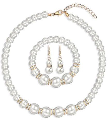Yifnny Perlenschmuck Sets für Frauen, Faux Pearl Halskette und Ohrringe Armband Set Layered Perlenkette 1920er Jahre Schmuck Set Hochzeit Braut Schmuck Sets Geschenke für Frauen Mom