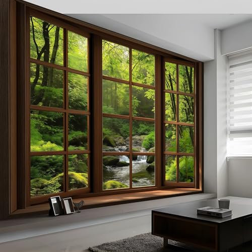 Papel Pintado Moderno Jungla Ventanas De Madera Fotomurales Pared Tejido No Tejido Decorativos Murales Fotográfico 200 x 140 cm Sala Tv Fondo de Pared decorativos Murales Marrón Verde