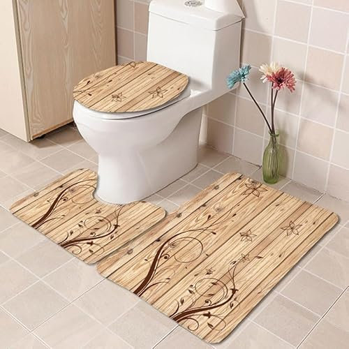 Badezimmerteppich Braun Holz Kornblume WC Vorleger mit Ausschnitt WC Deckelbezug 3 Teiliges WC Teppich rutschfeste Badgarnitur U förmiger Badematte Waschbar Bad Teppiche Set 45x75 cm