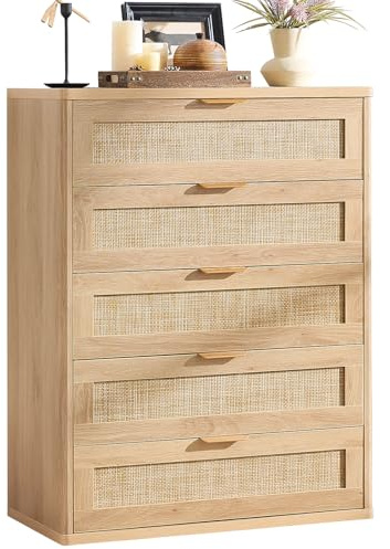 LEYAOYAO Rattan Dresser for Bedroom, 41 Tall Chest of Drawers, Modern 5 Drawers Boho Dressers with Storage, Light Oak Dresser Wooden Closet Organizer for Living Room, Hallway, Natural Wood