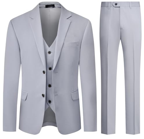 Allthemen Mens 3 Piece Stretch Business Suits 2 Button Classic Suit Blazer Trousers Waistcoat Light Grey L