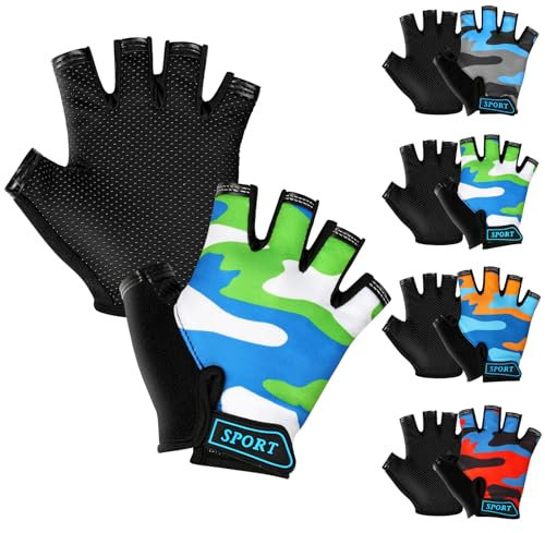 AMFUN Kinder Halbfinger Fahrradhandschuhe, Fingerlose Radsport Handschuhe für Kinder, rutschfest&Atmungsaktiv für Radfahren, Klettern, Skaten, Bootfahren (Camouflage Grün)
