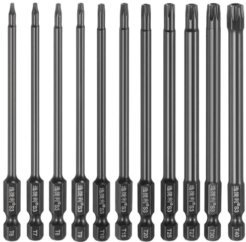 sourcing map 11pcs T6-T40 Sicurezza Torx Testa Cacciavite Bit 1/4 Hex Shank 4 (100mm) Lungo Magnetico A Prova di Manomissione 6 Point Star Screw Driver Bit S3 Acciaio Lucidato A Specchio Strumento