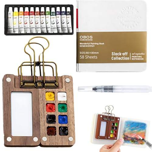5 Stück Mini Aquarell Set, Tobios Pocket-Aquarellset Mit Holzpalette Und Zubehör, 1 Palette, 1 Zeichnungsbuch, 1 Füllfederhalter, 1 Kasten Farbe,1 Schachtel Aquarellfarbe