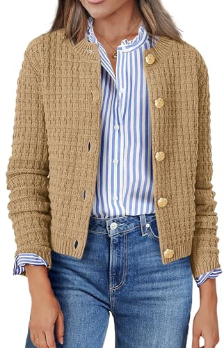 Zeagoo Cardigan Damen Herbst Langarm Strickjacke Knöpfen Rundhals Outwear Jacke Strick Open Front Sweater Elegant Strickjacken für Damen Khaki S