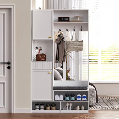 Oslghy Garderobenset Wandgarderobe, Flurgarderobe Set mit Schuhbank Lagerregal und Kissen, Schuhschrank für Flurmöbel, Garderoben Set mit 4 Kleiderhaken, 1 Schubladen, 2 Türen, Weiß, 100x35x180cm