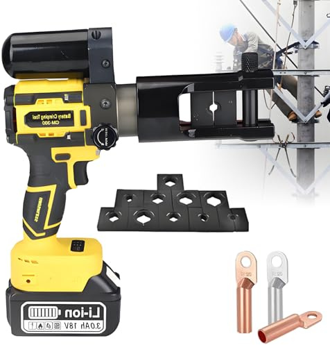 DNEPEI Pinza crimpatrice per capicorda, Pinza crimpatrice idraulica Ricaricabile da 16-300 mm², con 11 Coppie di matrici, Forza di crimpatura di 75 KN, Corsa 17 mm/0,6 Pollici Yellow-75KN