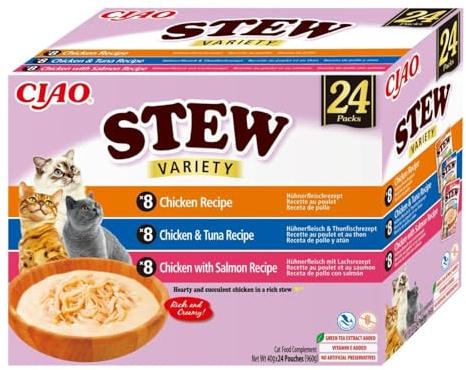 INABA CIAO Stew med kyckling, tonfisk och lax, våt kattmat - Krämig gryta med kycklingremsor - 24 påsar x 40 g - Kattmat utan konserveringsmedel eller konstgjorda färgämnen, Grain-Free
