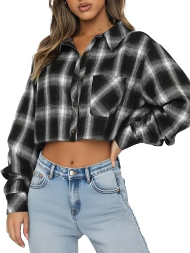 Dressmine Cowgirl Outfit Long Sleeve Cropped Plaid Shacket Casual Check Jackets Button Down Lapel Collared Blouse Size 8 Black