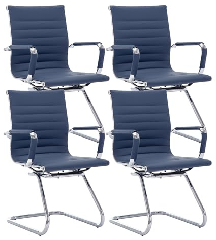 chairus Freischwinger Stühle 4er Set, PU-Leder Konferenzstuhl Blau | Besucherstuhl Ergonomischer mit Armlehnen, Moderner Schwingstuhl mit Chromgestell, Bürostühle Konferenz-Raum/Wartezimmer/Büro