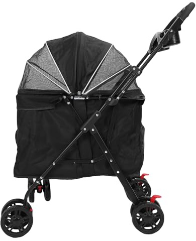 Jiawu Mittelgroßer Hundewagen mit Atmungsaktivem Netzdach, Zusammenklappbarer Haustier-Joggingwagen für Spaziergänge Im Freien (BLACK)