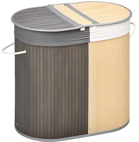 HOMCOM Bambus Wäschekorb mit Deckel 100L Wäschesammler Grau+Natur | Mit Griffen, 2 Herausnehmbarer Wäschesack, Wäschesortierer, Wäschebox, für Waschküche, Badezimmer, Schlafzimmer