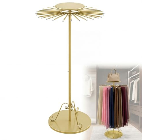 Novabright Adjustable Freestanding 360° Rotating Scarf Display Rack with 30 Rods, Gold Tie Belt Hanger Shawl Shelf Hijab Stand, 35.43-56 Height Scarf Holder for Boutique Clothing Store Home Storage