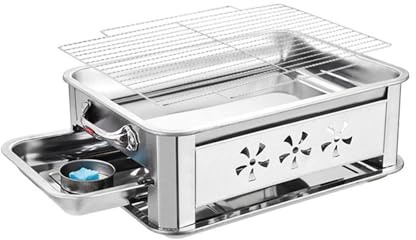 Parrilla y Asador de Pescado 2 en 1 de Acero Inoxidable — Barbacoa y Olla Caliente (Hot Pot) Desmontable y Fácil de Limpiar (Carbón/Alcohol)(Ventilated,S)