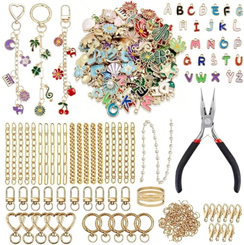 ZITUZY 389 Stück Schlüsselanhänger Selber Machen Set, DIY Anhänger Keychain Set mit Charms, Schlüsselanhänger Clips, Verlängerungsketten, Schmuckzange, für DIY Taschenanhänger, Handy Dekoration