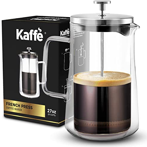 Kaffe - Cafetera de vidrio de prensa francesa (0,8 L) – Vidrio de borosilicato aislado de doble pared – Cafetera de viaje y camping – Café de prensa francesa casero – Prensa de té y café – Regalo de