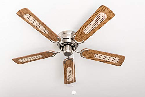 PEPEO - Kisa Deckenventilator ohne Beleuchtung | Ventilator mit Zugschalter in Silber mit Wendeflügeln in Eiche- und Walnuss-Holzoptik, Durchmesser 105 cm. (Farbe: Nickel gebürstet, Eiche/Walnuss)