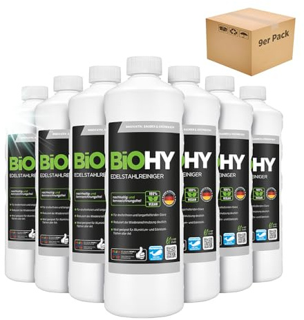BiOHY Edelstahlreiniger (9 x 1 Liter) | Edelstahlpflege für streifenfreien Glanz | ideal für Küche, Töpfe oder Grill | Edelstahl reinigen in Gastronomie & Haushalt | pflegendes Putzmittel