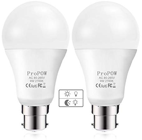 ProPOW Dusk to Dawn Light Bulb, 9W (60 Watt Equivalent) A19 LED Light Sensor Bulbs, Smart Automatic on/Off,Indoor/Outdoor Lighting Bulb for Porch Garage Hallway Patio (Soft White, B22, 2 Pack)