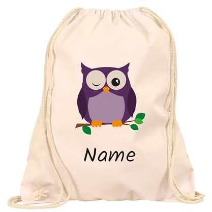 Turnbeutel Kinder Eule personalisiert mit Namen, Baumwolle, Natur | Stoffbeutel mit Wunschname & Eule-Motiv – für Kindergarten, Schule & Sport, aus 100 % Baumwolle