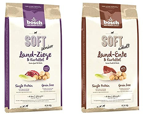 Bosch HPC Soft Senior Ziege & Kartoffel | halbfeuchtes Hundefutter für ältere | ernährungssensible Hunde Aller Rassen | Single Protein | Grain-Free | 1 x 12.5 kg & d-Ente & Kartoffel, 1 x 12.5 kg