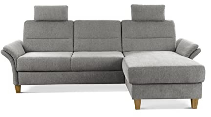 CAVADORE Ecksofa Wyk mit Federkern / Eckcouch im Landhaus-Stil mit Longchair, 2 Kopfstützen + Holzfüßen / 252 x 90 x 162 / Chenille, Hellgrau