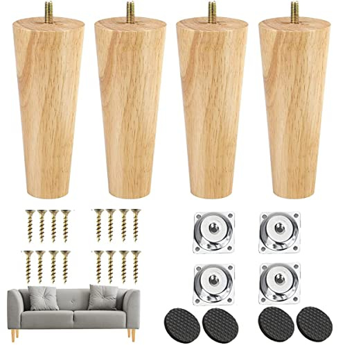TAIANJI 4PSC Koniska möbelben av trä, 12 cm, träbordsben med gänga, fästplatta, halkfria mattor för soffa, bord, soffa, skåp, ottoman